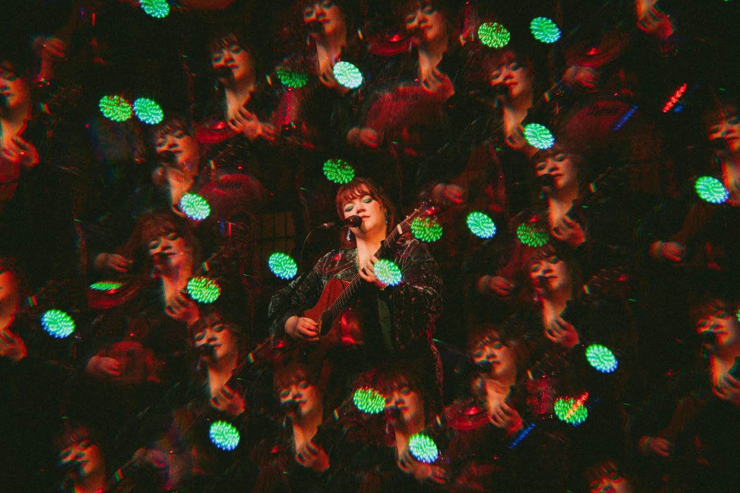 Multiple images of a person singing into a microphone with green and red stage lights in the background.