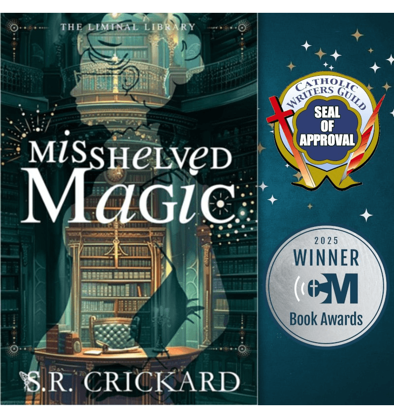 Book cover for “Misshelved Magic” by S. R. Crickard, with award badges beside a library illustration.