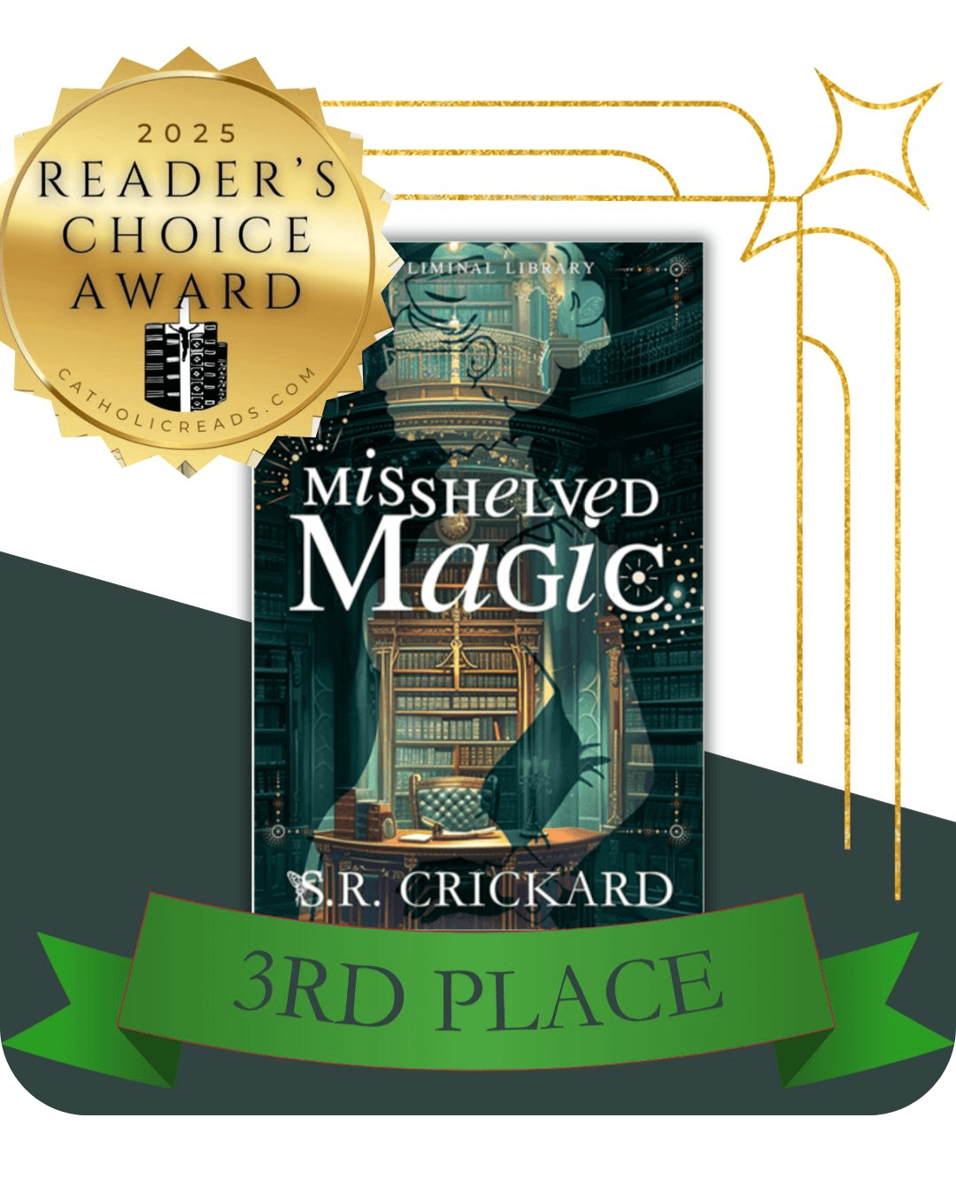 A book cover for “Mishieved Magic” displayed with a gold Reader’s Choice Award badge and green third-place ribbon.