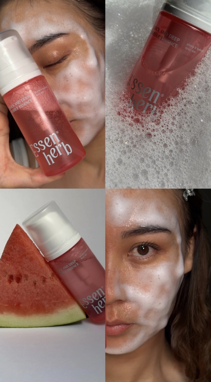 Four-panel collage showing a person applying skincare cream and a red bottle beside foam and a watermelon slice.