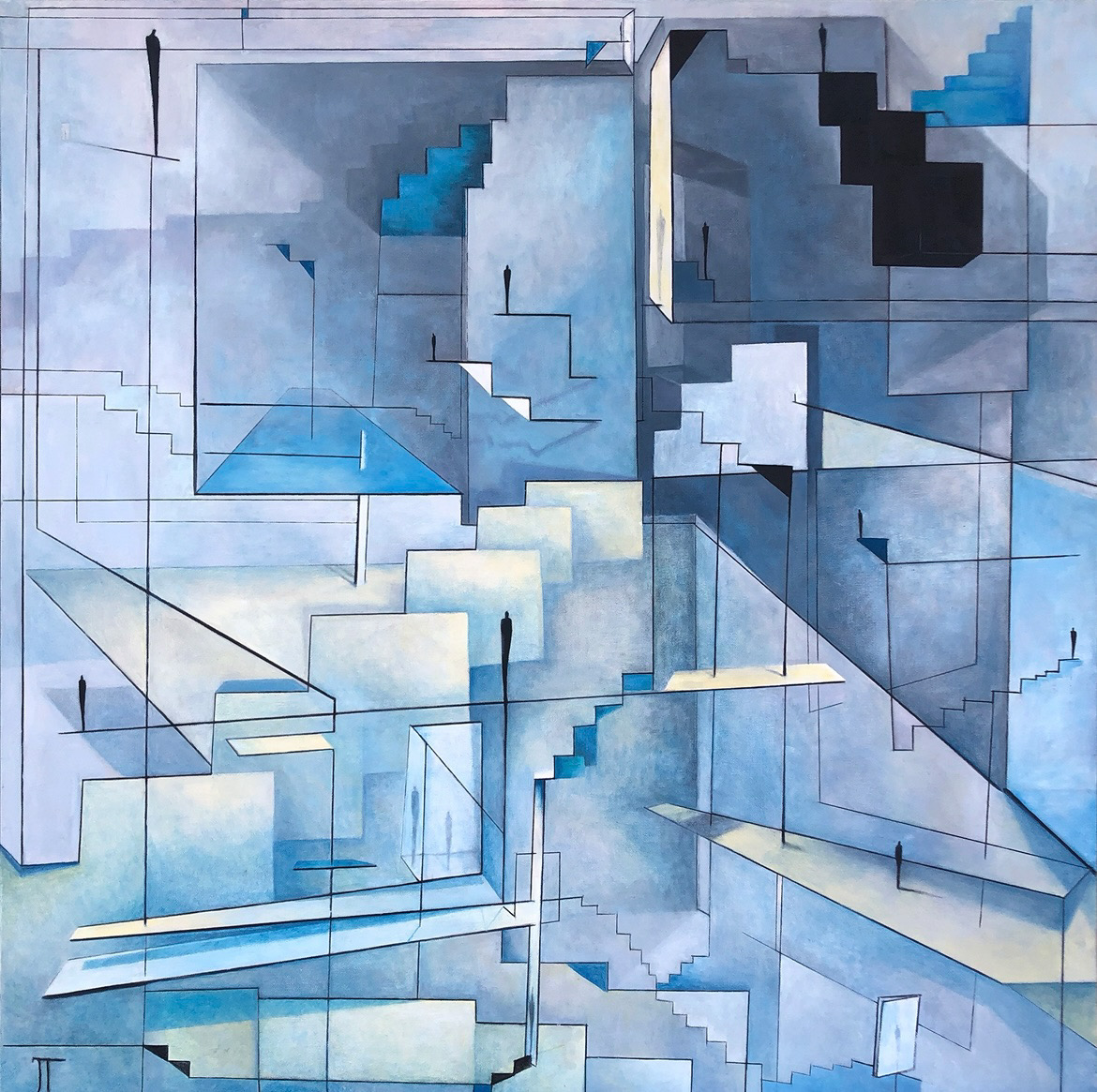 Abstract geometric composition of interlocking stair-like shapes and angular planes in shades of blue, gray, and white.