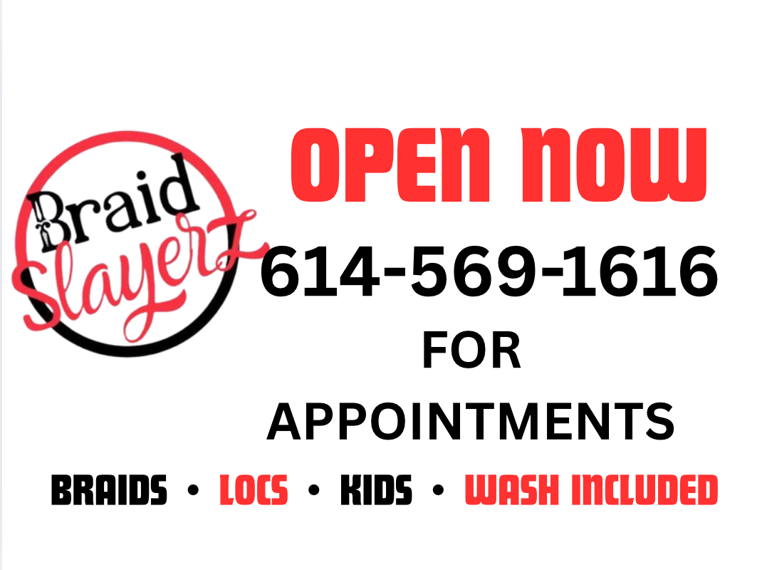 Hair salon appointment sign advertising braids, locs, kids’ styles, and wash included, with a phone number.